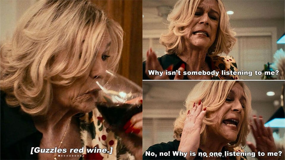 Three images show a woman drinking wine and looking stressed.