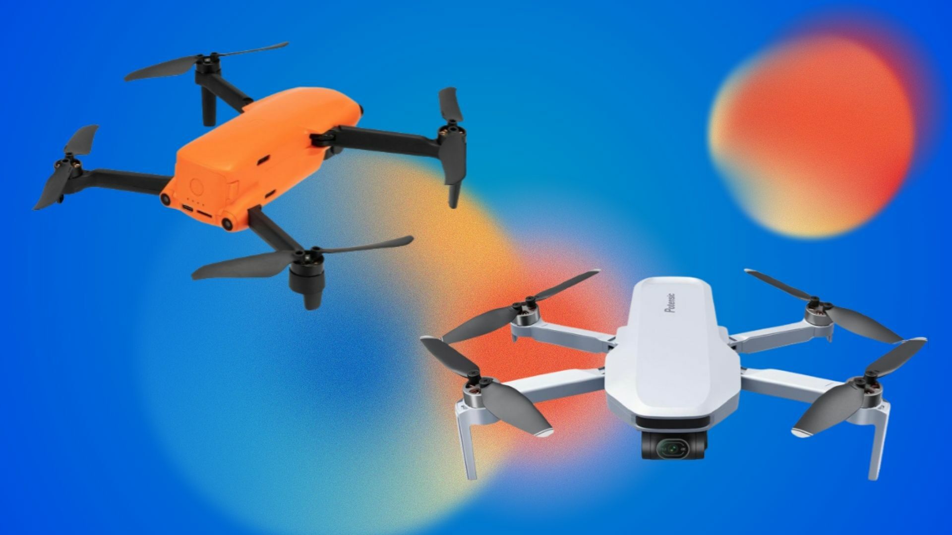 two drones on a blue background with orange accent bubbles
