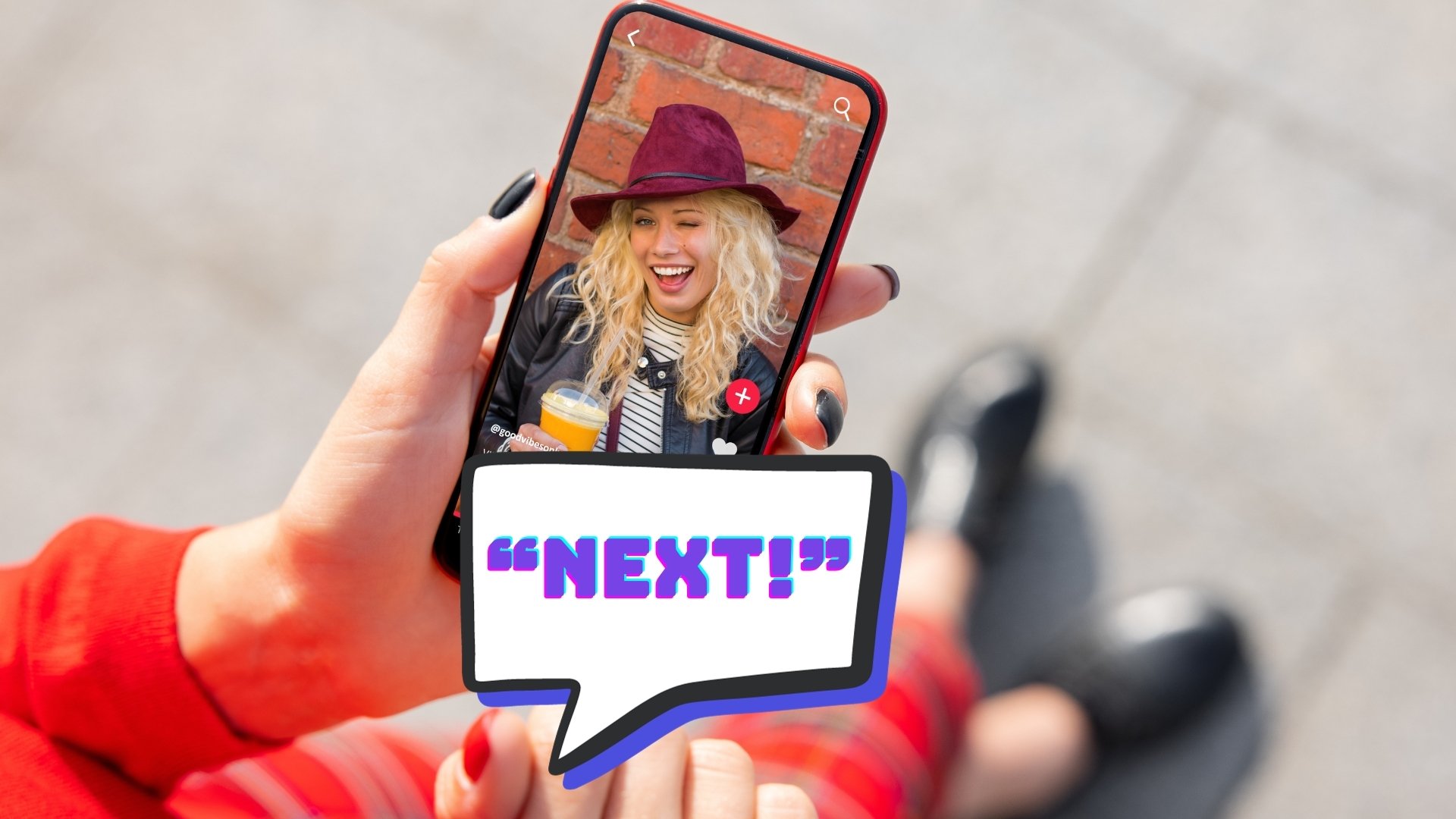 Hands-free scrolling on TikTok with a speech bubble that says 'Next.'