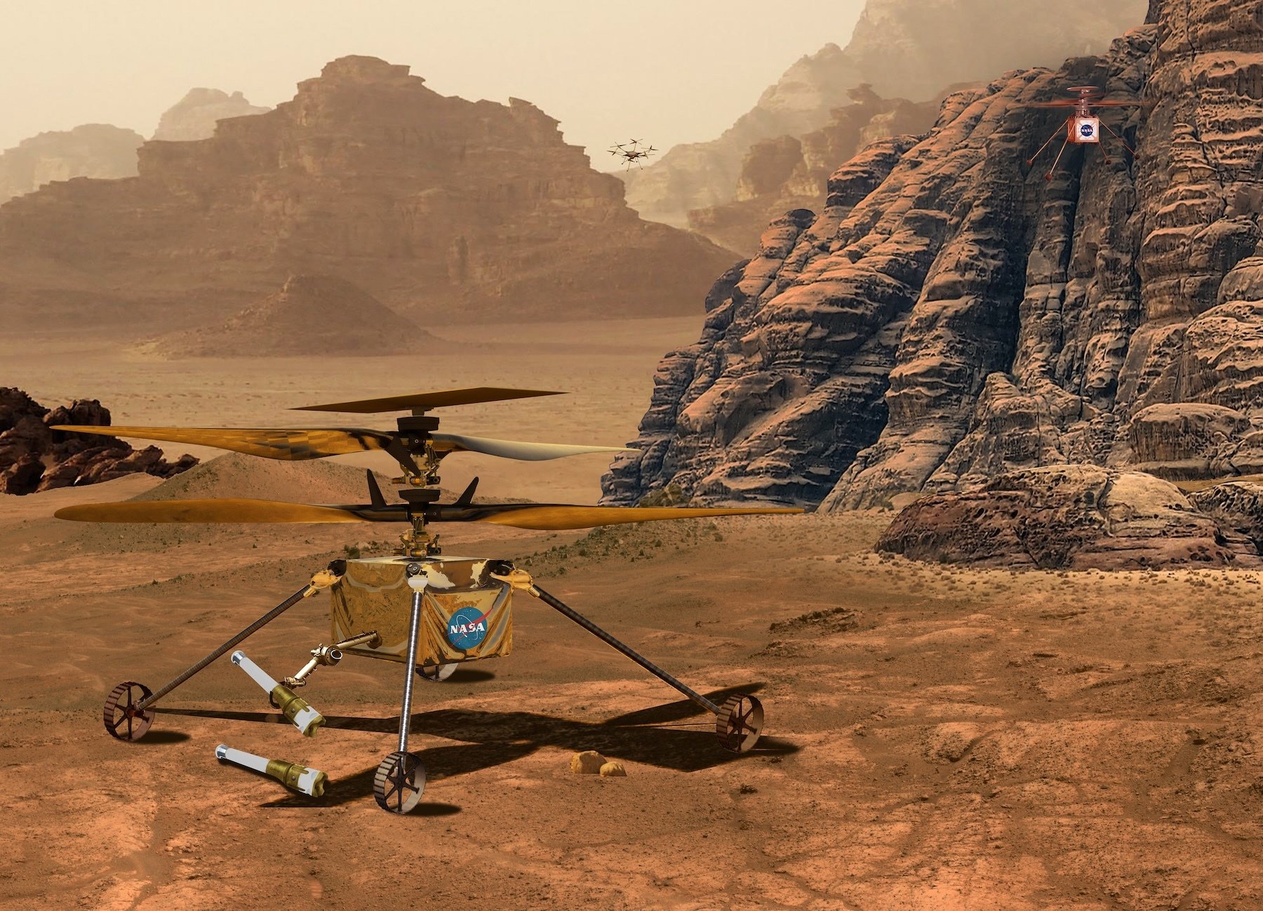 A conception of a future helicopter on Mars.
