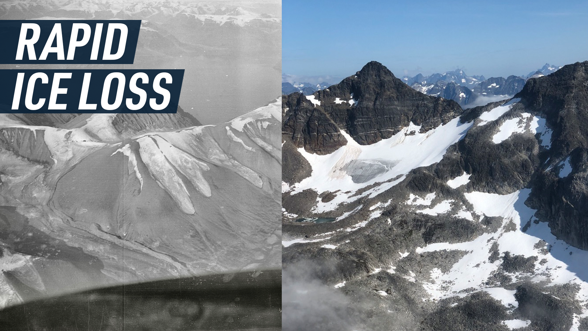 A split-screen shows an aerial photograph of a Greenland glacier in the 1930's, next to one from 2023, making the loss of ice in the region particularly visible. Caption reads 