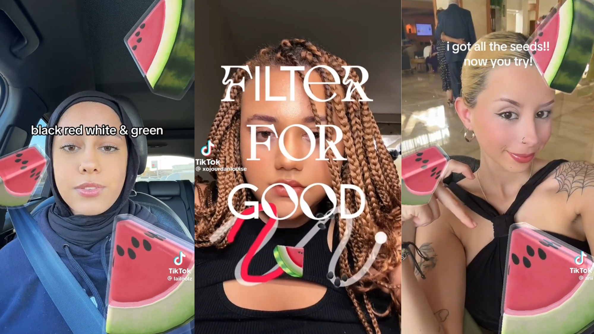 Three side-by-side screenshots of TikTok videos using the watermelon-themed 