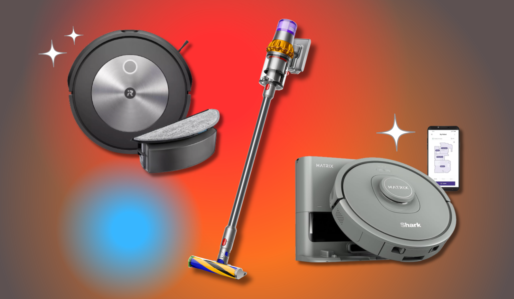 Roomba Combo j5, Dyson V15 Detect, and Shark Matrix vacuums on gray background with colorful light leaks