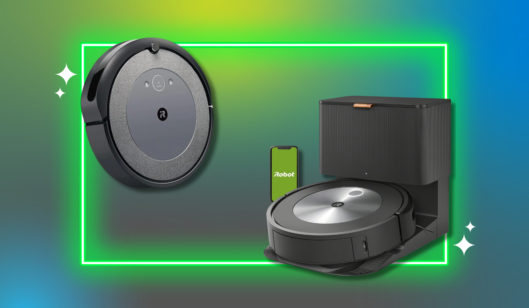 Two Roombas on gray, blue, and green background with neon rectangle