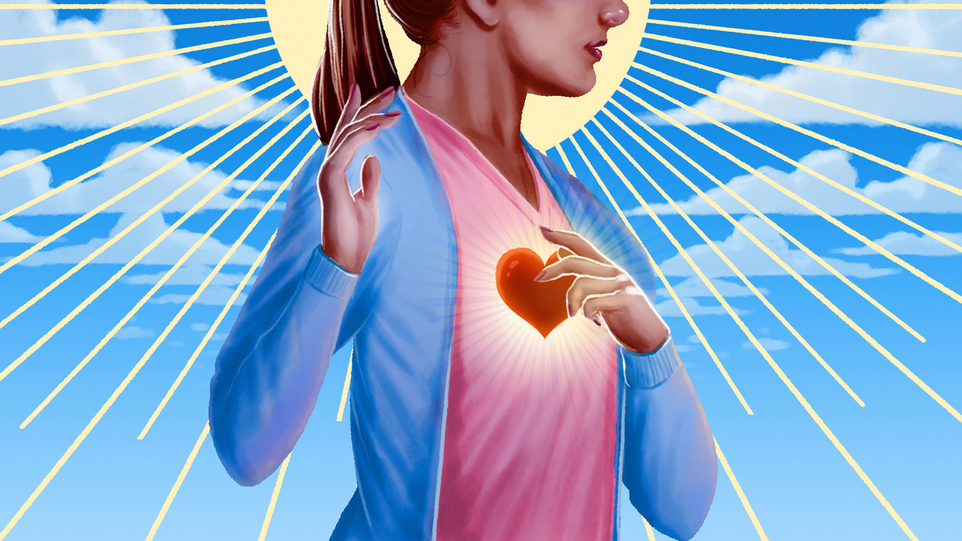 An illustration of a woman holding a hand to a radiant heart on her chest, reminicent of Catholic images of the Virgin Mary.
