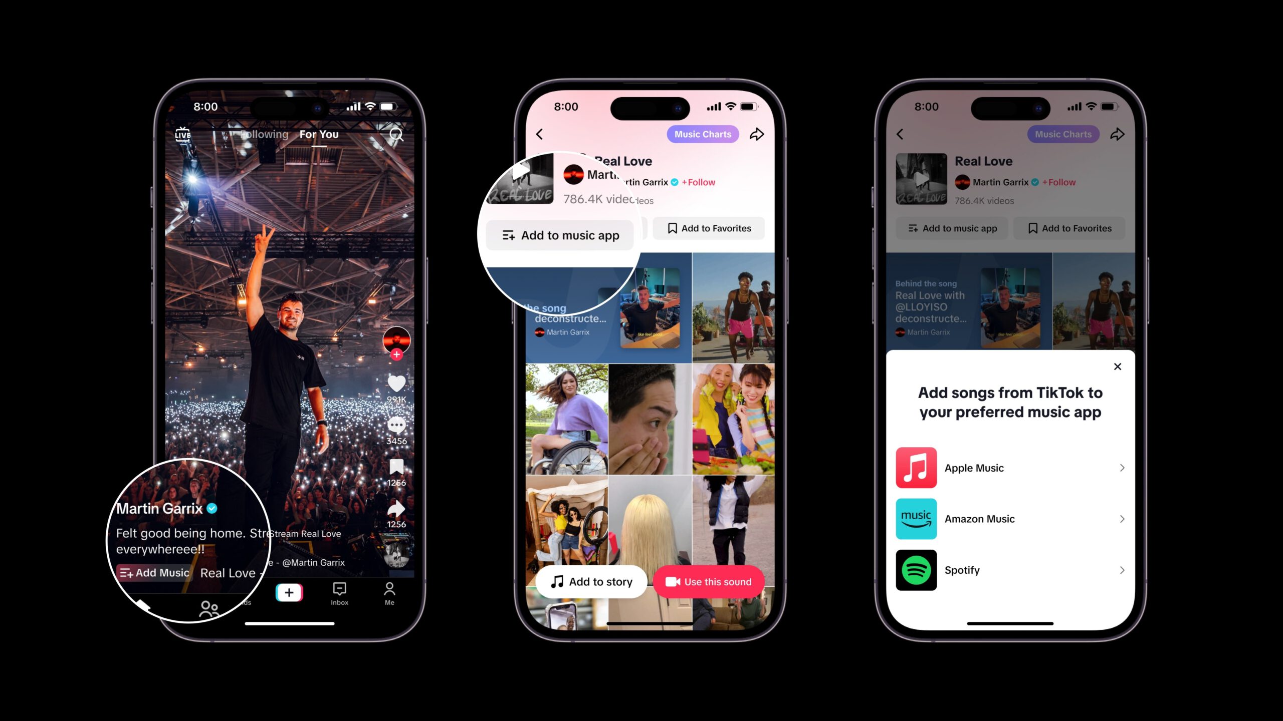 zoomed in look at three phones showing the add music option on tiktok