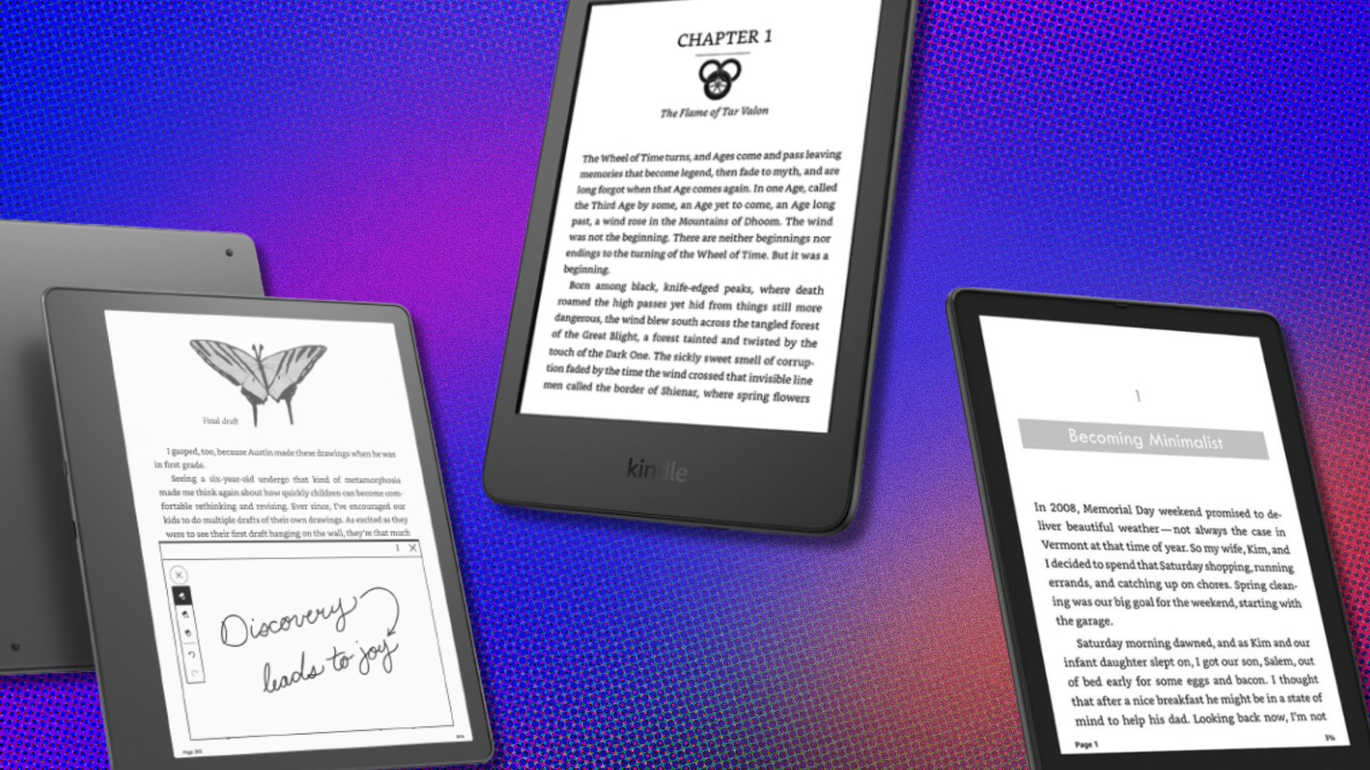 Three Kindle models from Amazon overlaid on a purplish-blue and textured background