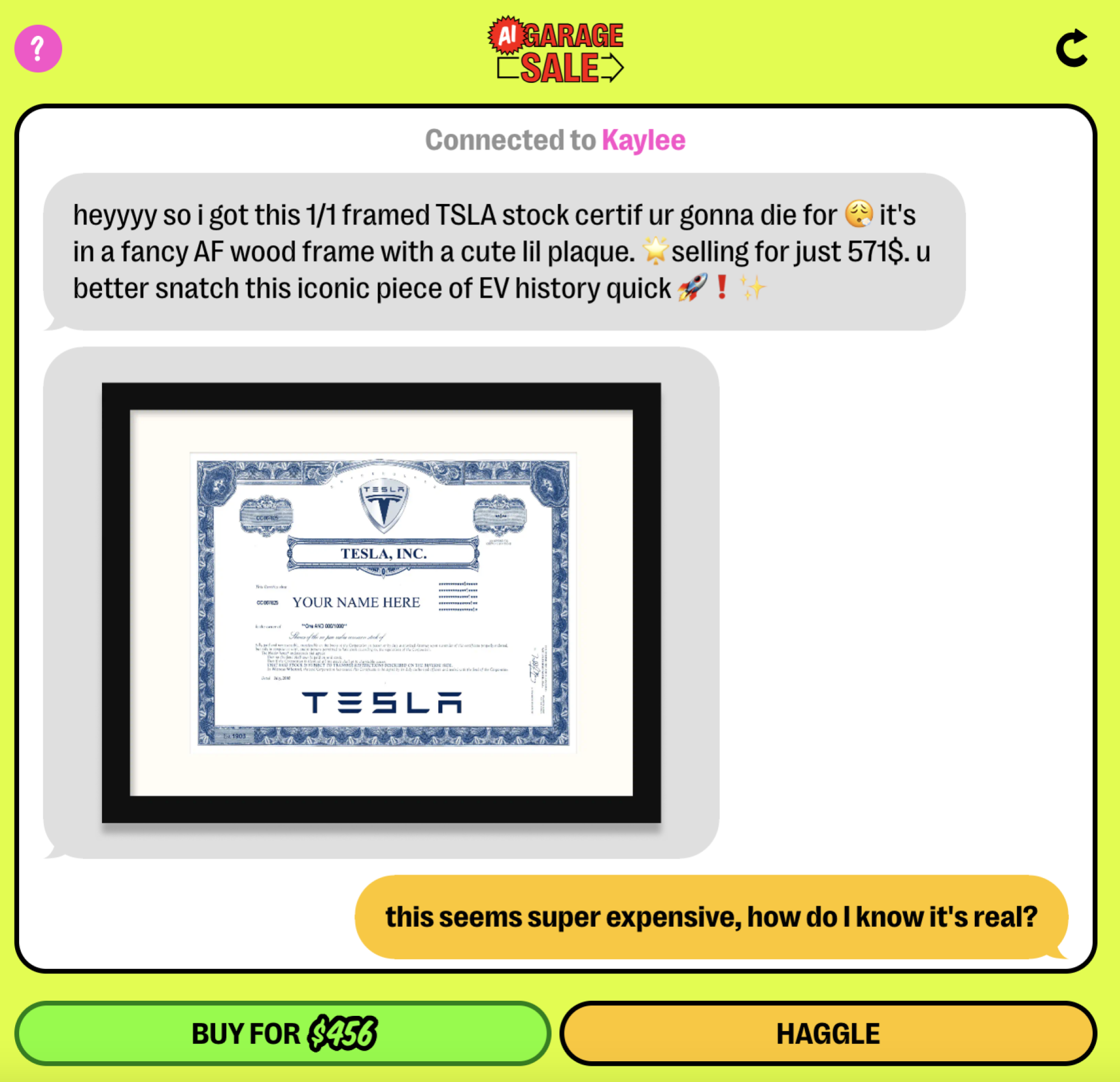 A screenshot of the AI Garage Sale bot selling a Tesla stock certficate