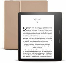 a champagne gold kindle oasis on a white background