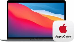 an m1 Apple MacBook Air next to the apple care+ logo