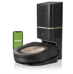 Roomba with flat edge on auto empty dock and smartphone with green iRobot logo screen