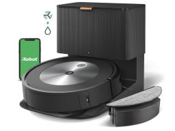 Roomba on self emptying dock with external water tank and smartphone with green iRobot screen