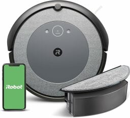 Roomba with external water tank and smartphone with green iRobot logo screensaver