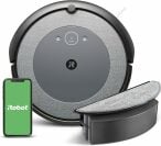Roomba with external water tank and smartphone with green iRobot logo screensaver