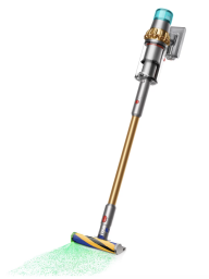 Dyson cordless vacuum with gold extender and green laser coming out of cleaning head