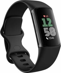 Fitbit with black band and digital clock on screen