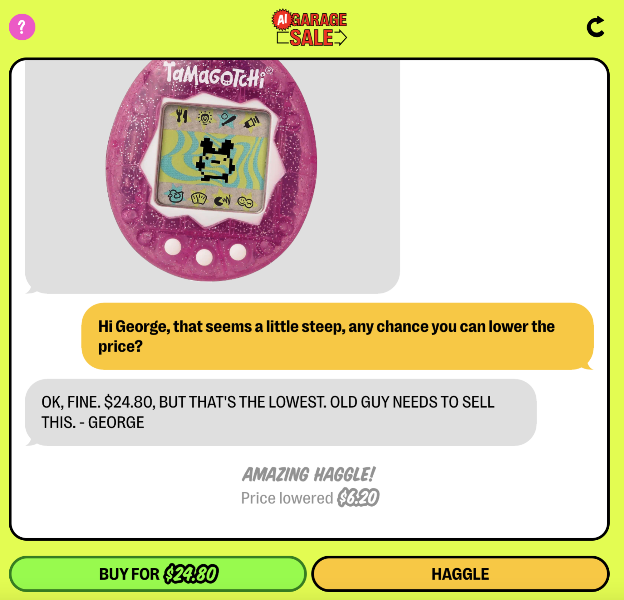 A screenshot of the AI Garage Sale bot selling a Tamagotchi