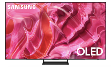 Samsung QLED TV with pink and red abstract liquid screensaver