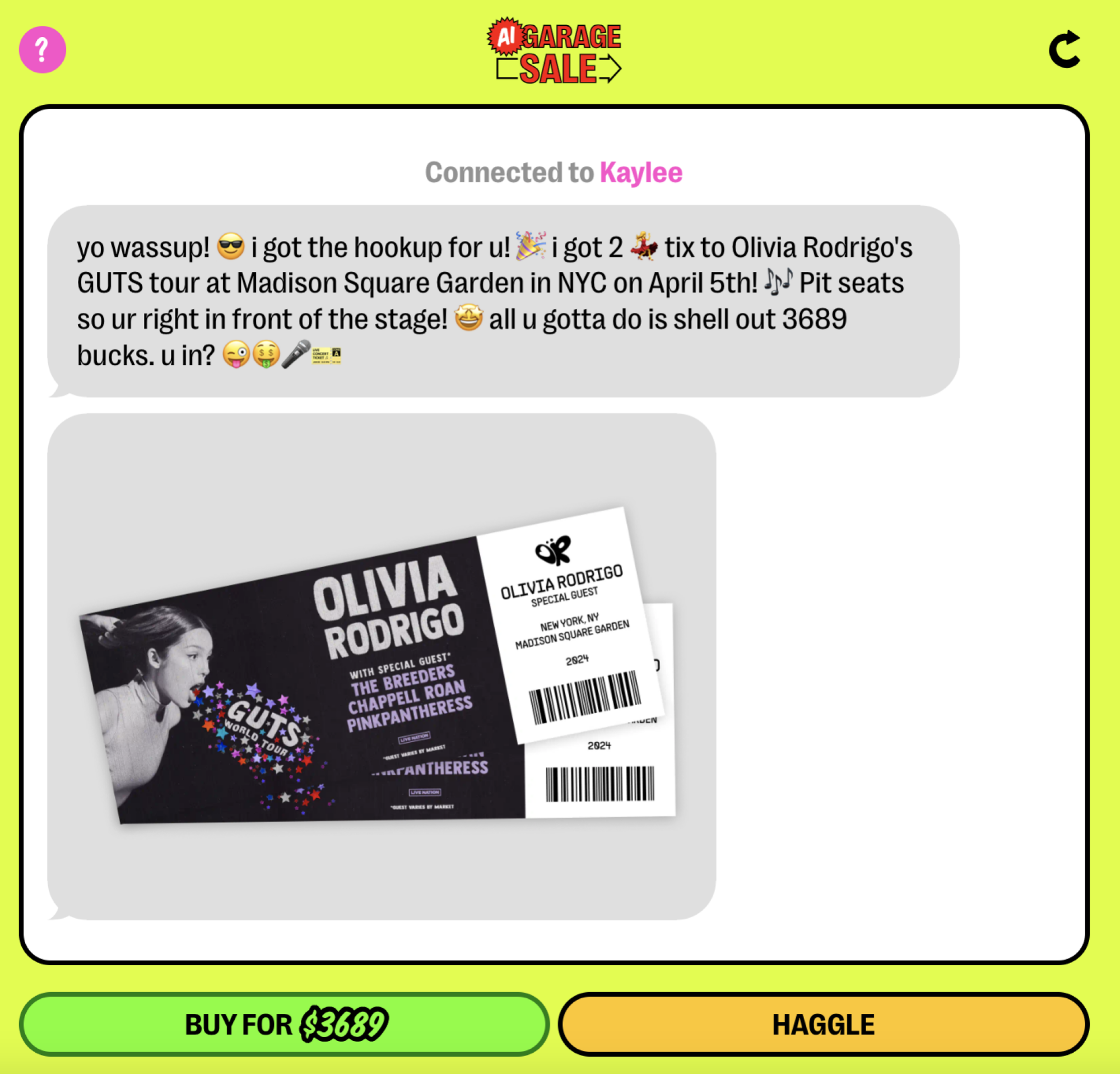 A screenshot of the AI Garage Sale bot selling Olivia Rodrigo tickets