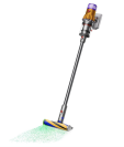 Cordless Dyson vacuum with nickel extender and green laser coming out of cleaning head