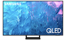 Samsung QLED TV with blue and purple abstract liquid background