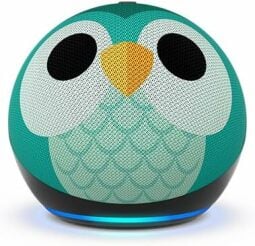 an amazon echo dot kids edition with an owl on the speaker