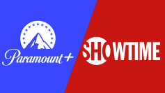 Paramount Plus and SHOWTIME logos on blue and red background