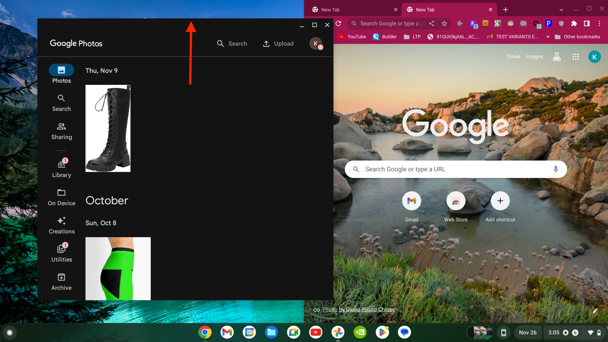 Arrow pointing to top window of Chromebook app