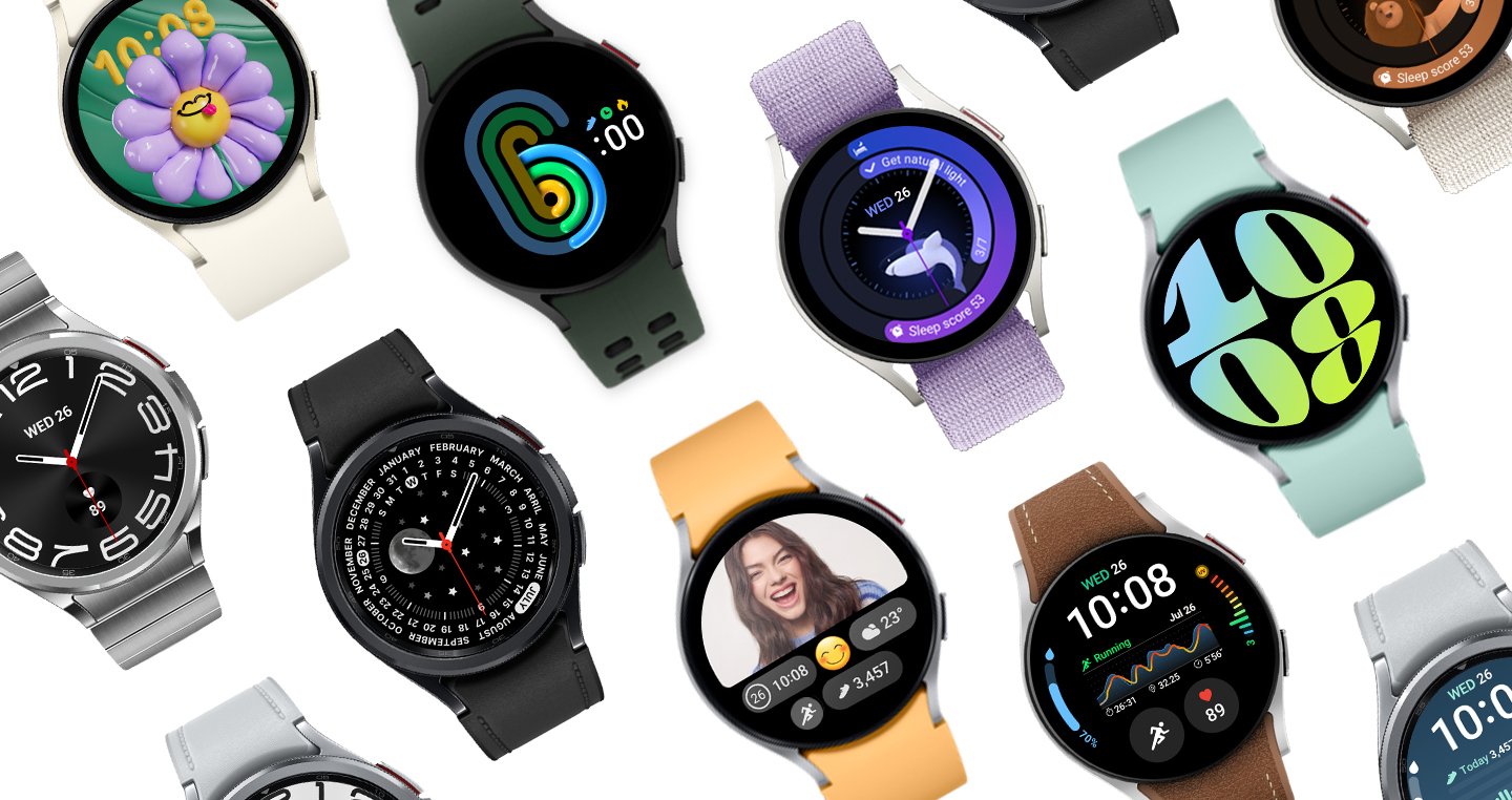Samsung Galaxy 6 watches in many different band colors and styled overlaid on a white background