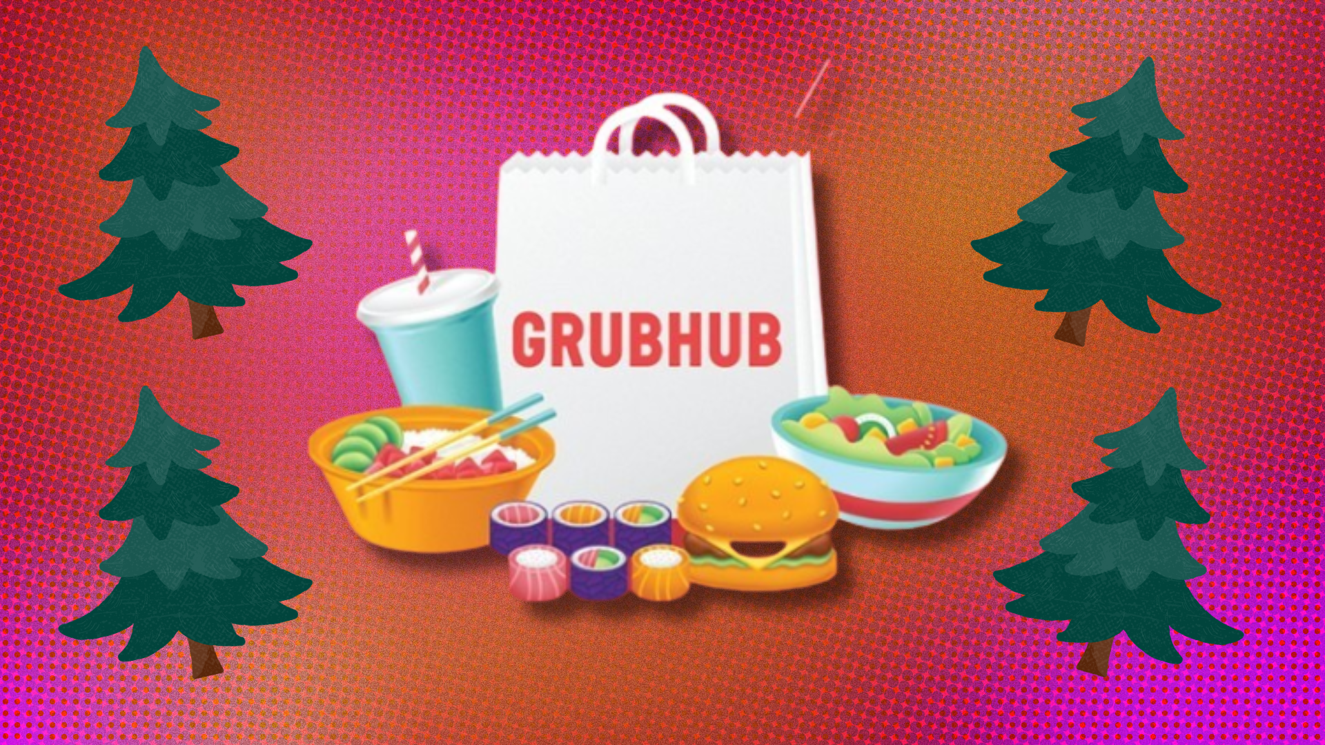 The Grubhub logo on an illustrated paper bag surrounded by food, overlaid on a background decorated with clip art Christmas trees