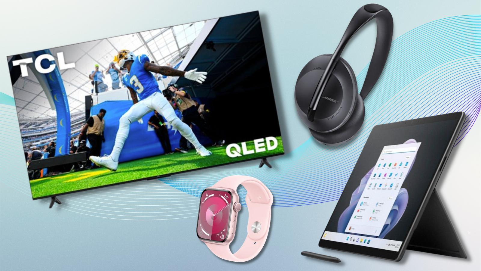TCL Tv, Apple watch, Bose headphones, and Microsoft surface pro with blue gradient background