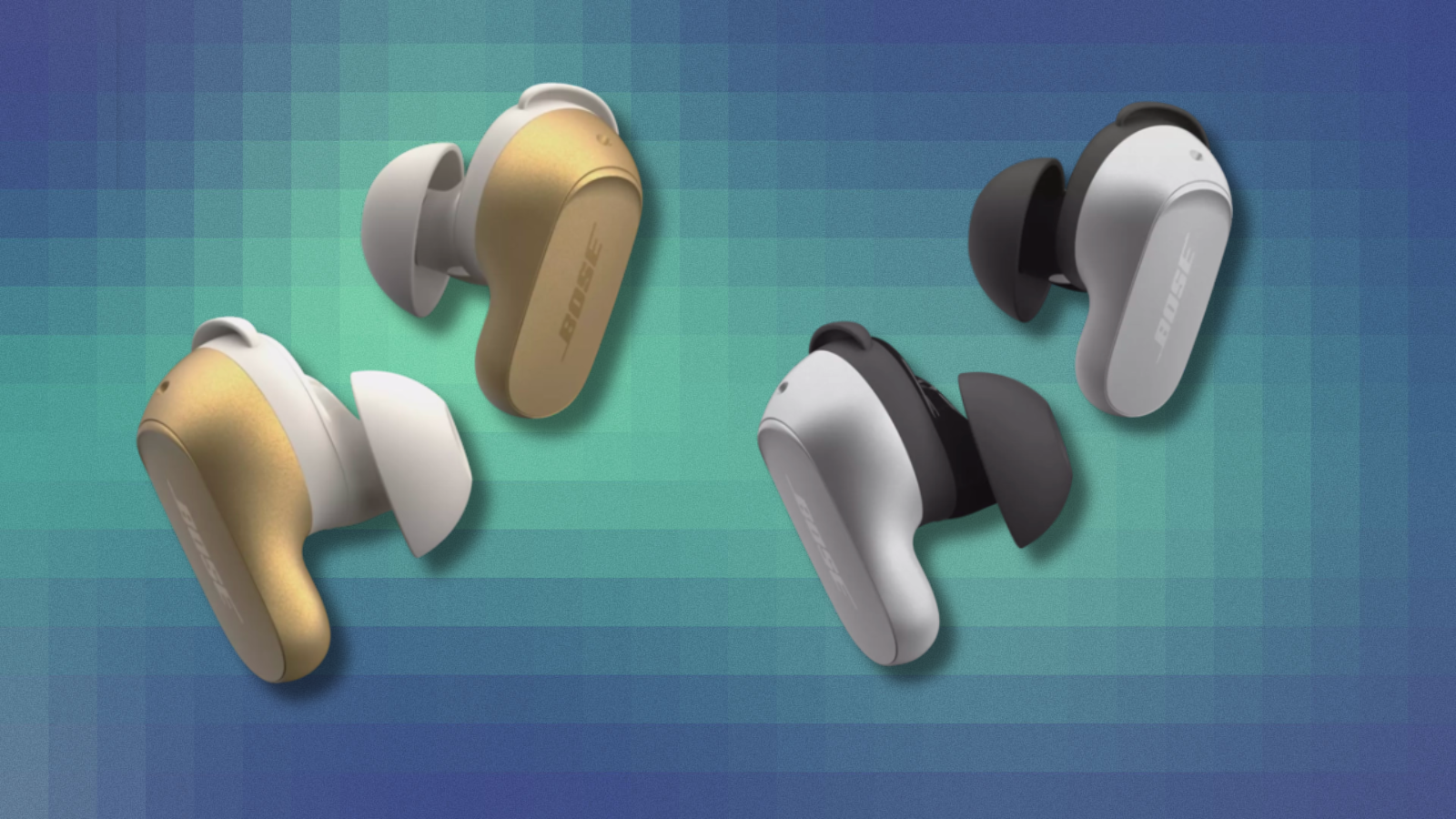 Gold and silver Bose QuietComfort Earbuds on colorful abstract background