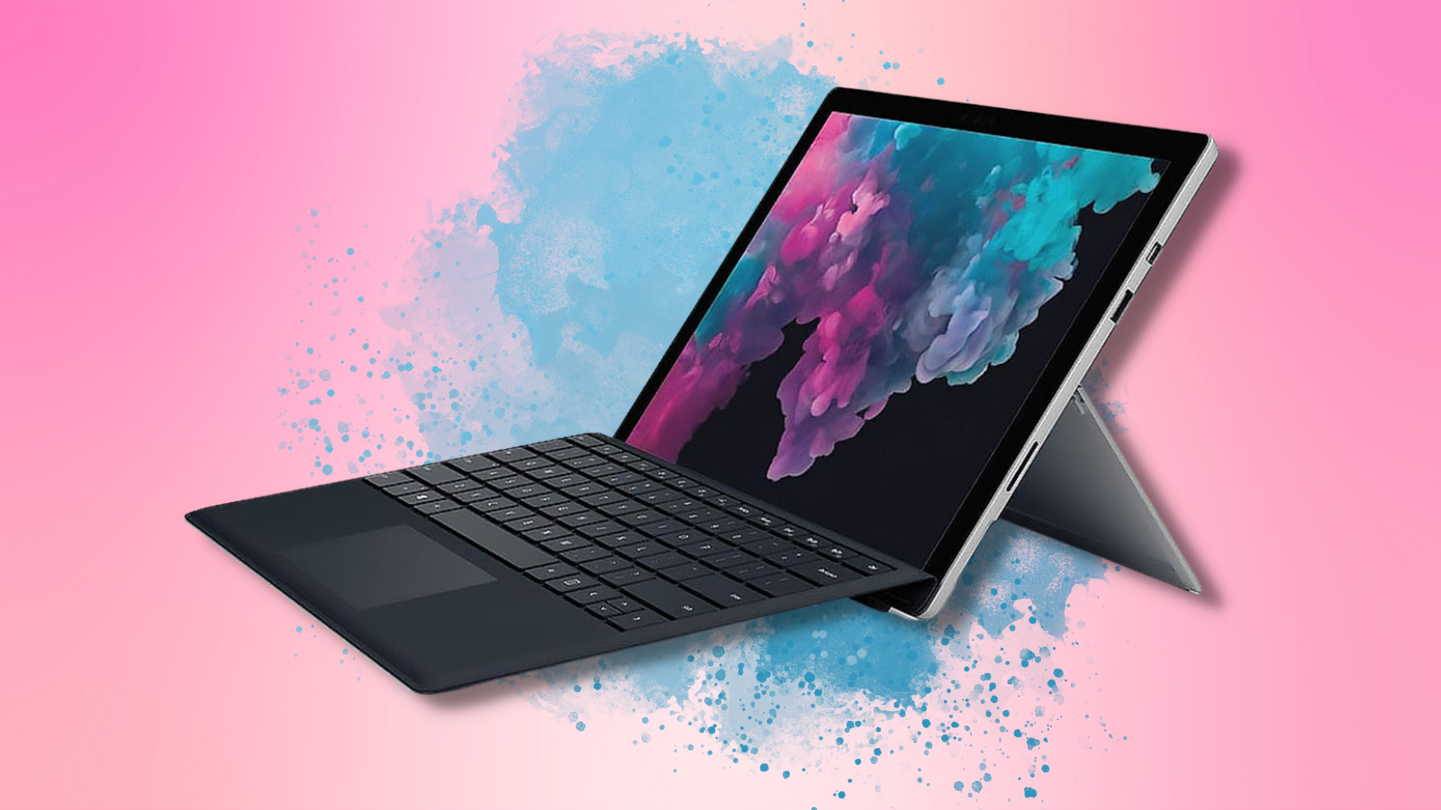 Microsoft Surface Pro against pink and blue background