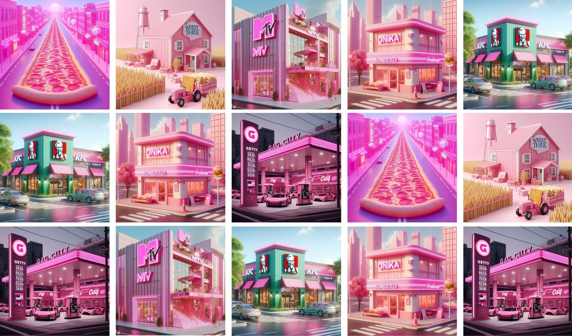 A checkerboard of AI-generated images of Gag City, including of a Wheat Thins barn, 