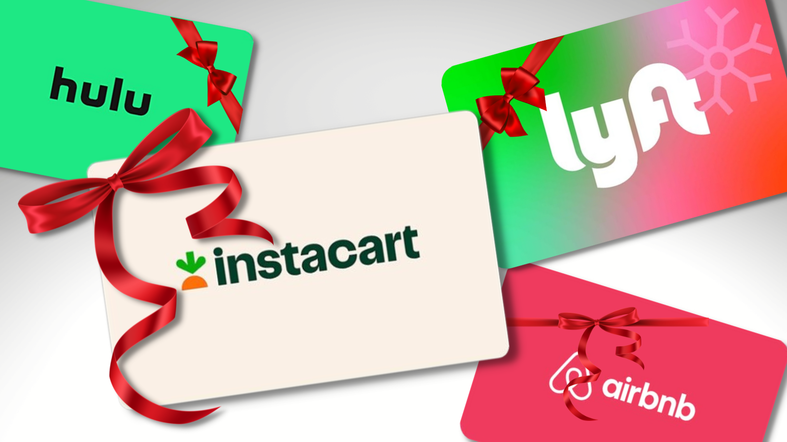 gift cards for Instacart, Hulu, Airbnb, and Lyft with bows