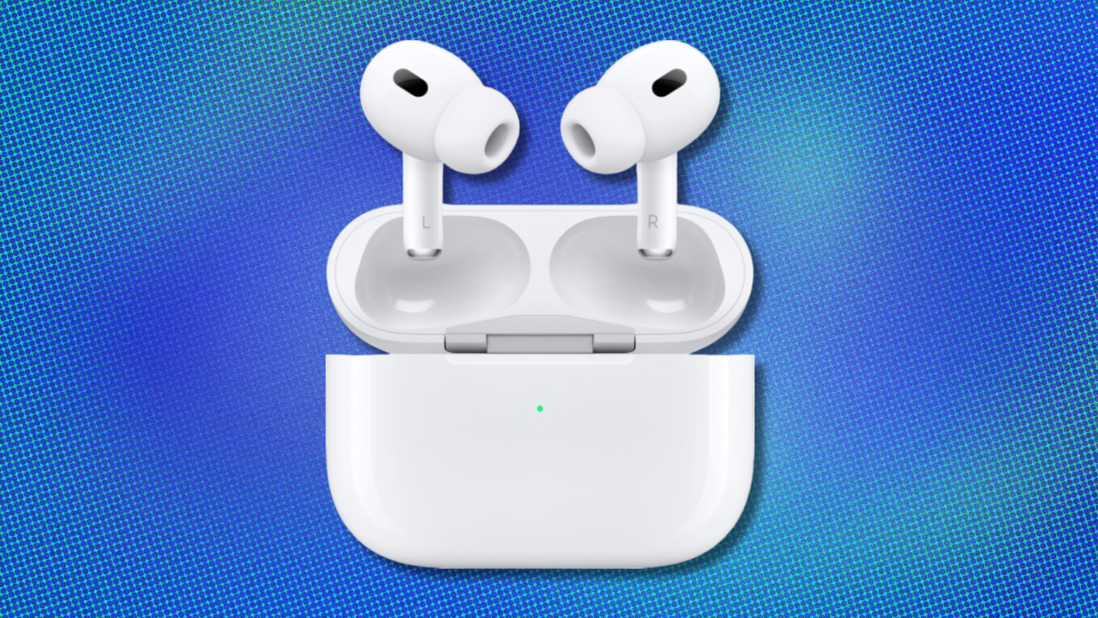 the 2nd-generation usb-c apple airpods pro with their charging case against an abstract blue background