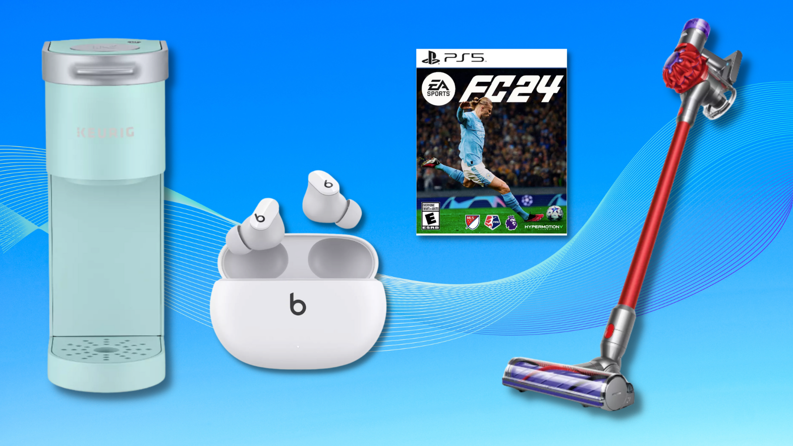 last-minute gifts from Keurig, EA Sports, Dyson, and Beats against a blue background