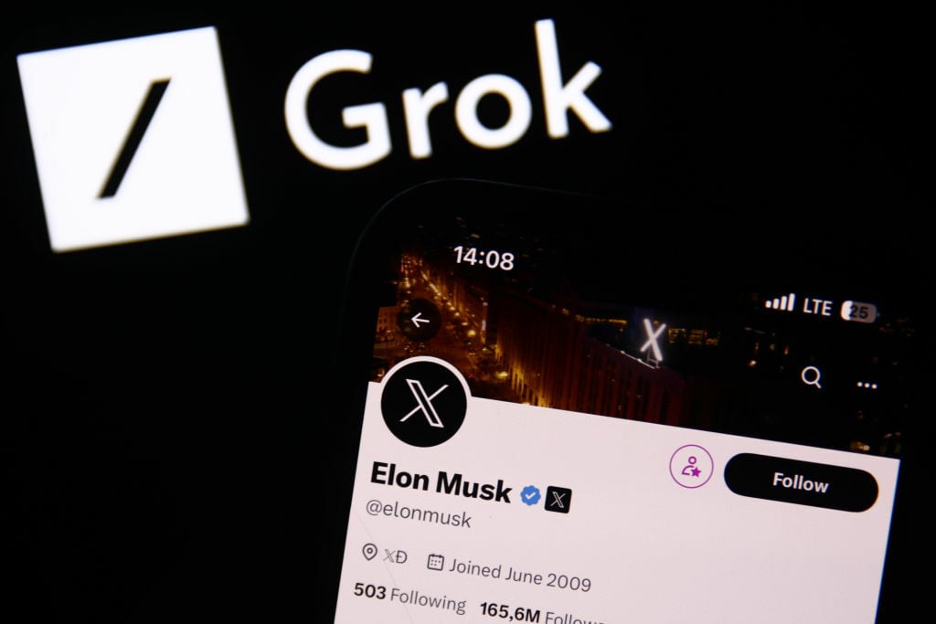 Elon Musk's X account on a smartphone with the Grok logo in the background 