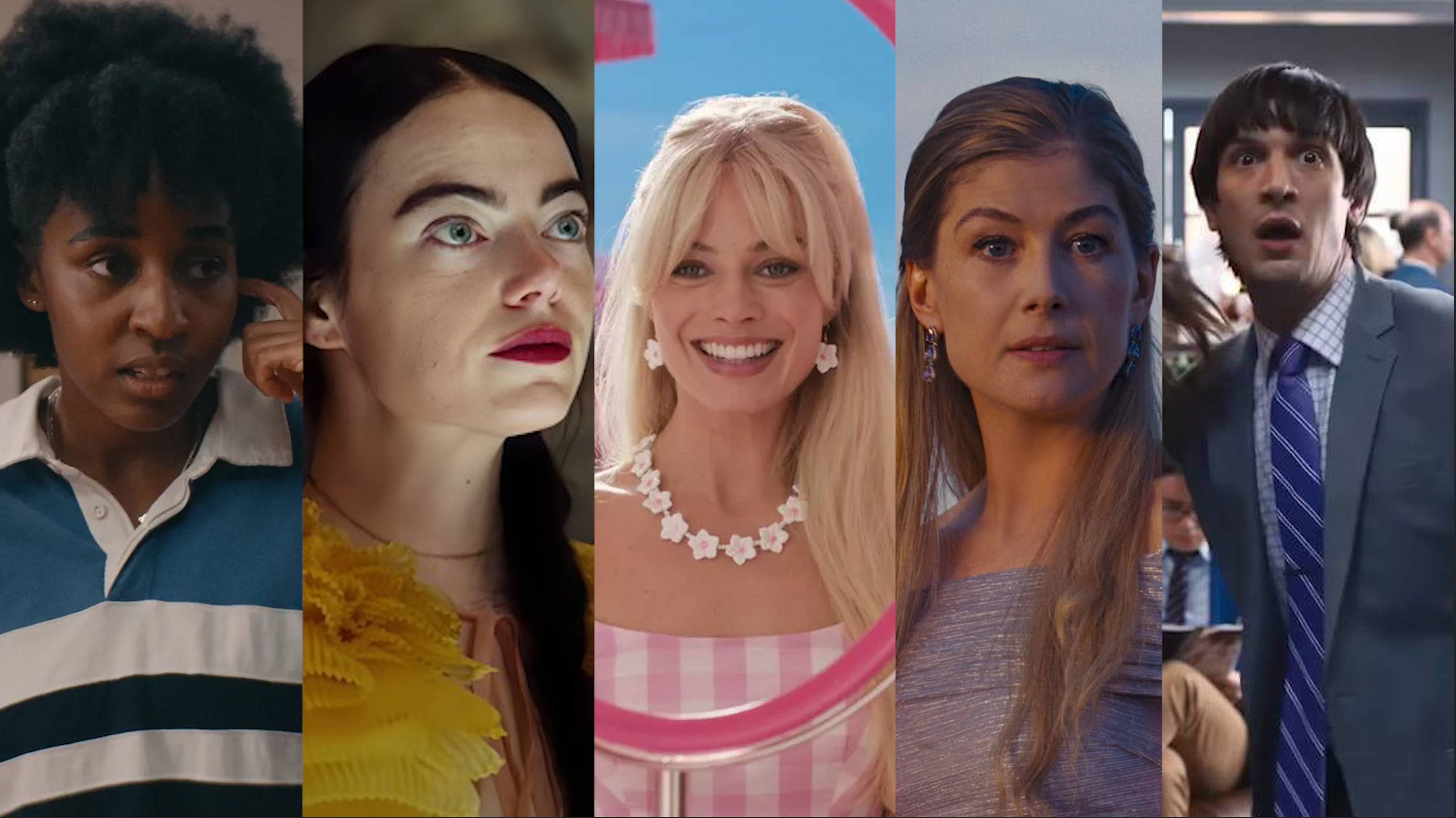 A split screen image shows (left to right): Ayo Edebiri (Bottoms), Emma Stone (Poor Things), Margot Robbie ('Barbie), Rosamund Pike ('Saltburn') and Josh Sharp ('Dicks:The Musical')