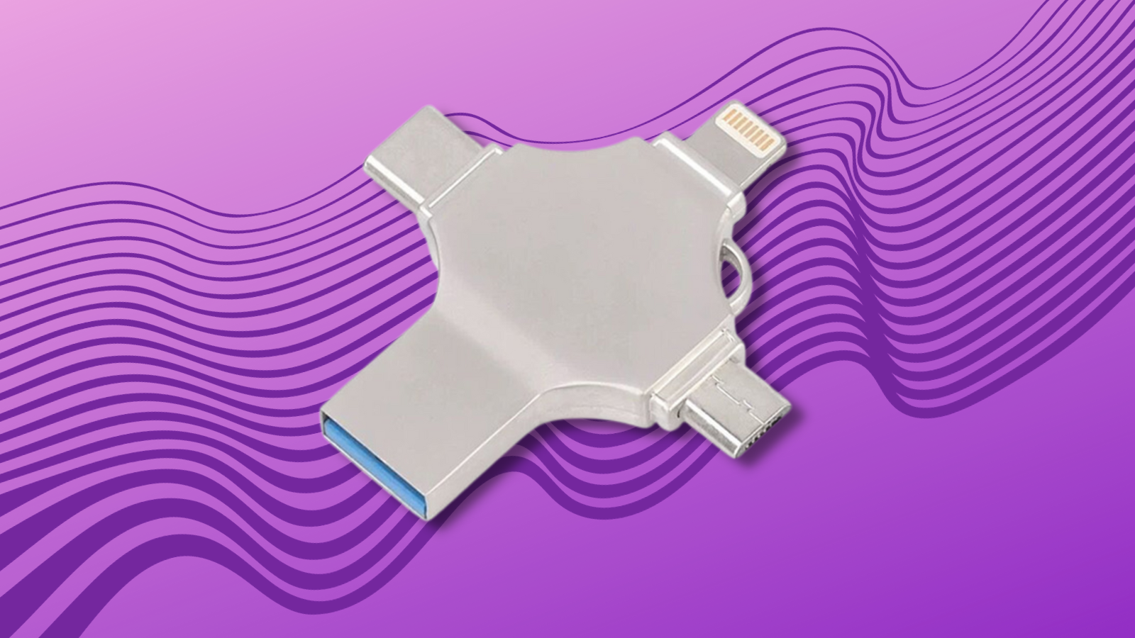 4-in-1 flash drive with purple squiggle background