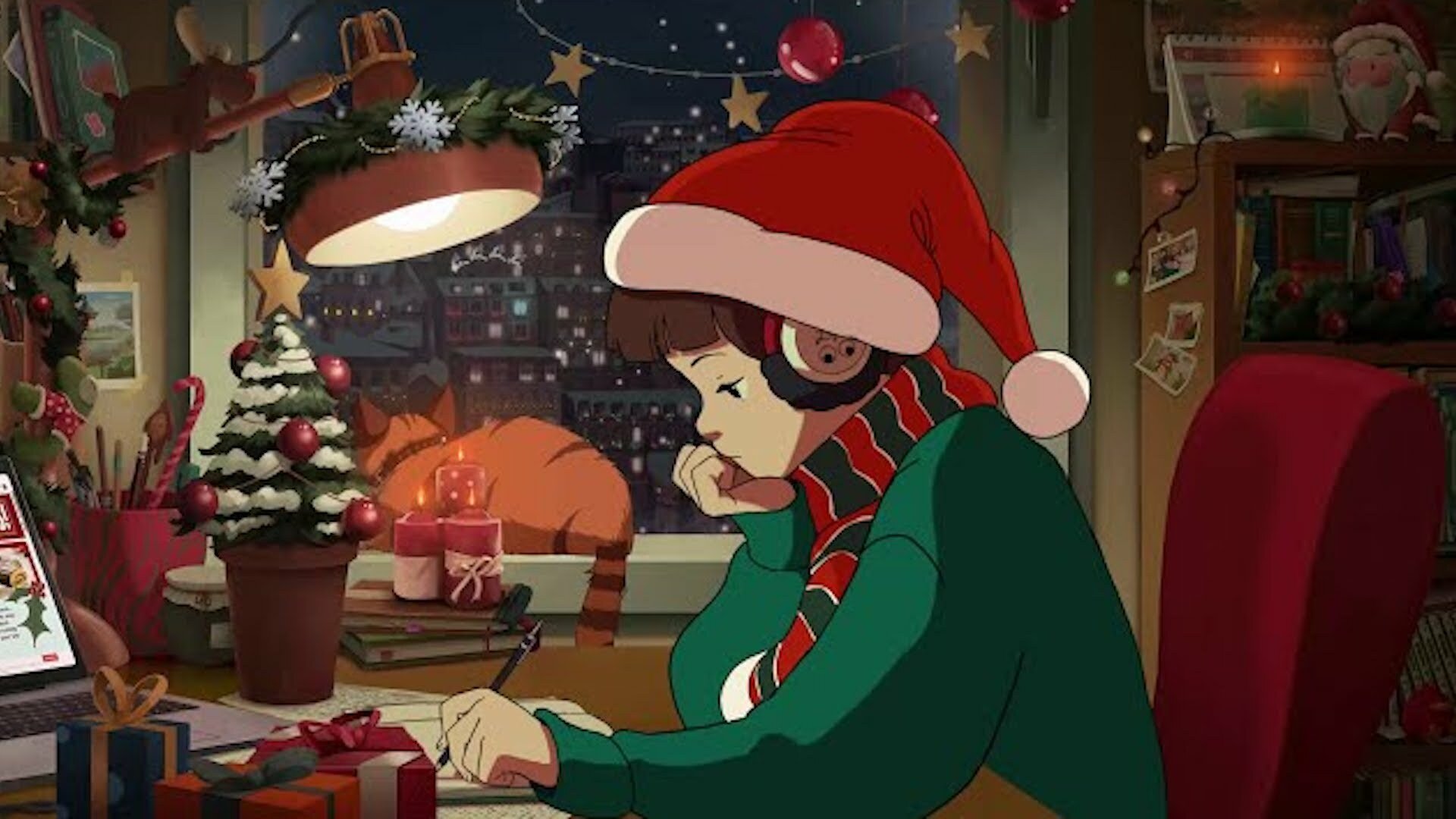 An animation of a girl studying with Christmas decorations around her.