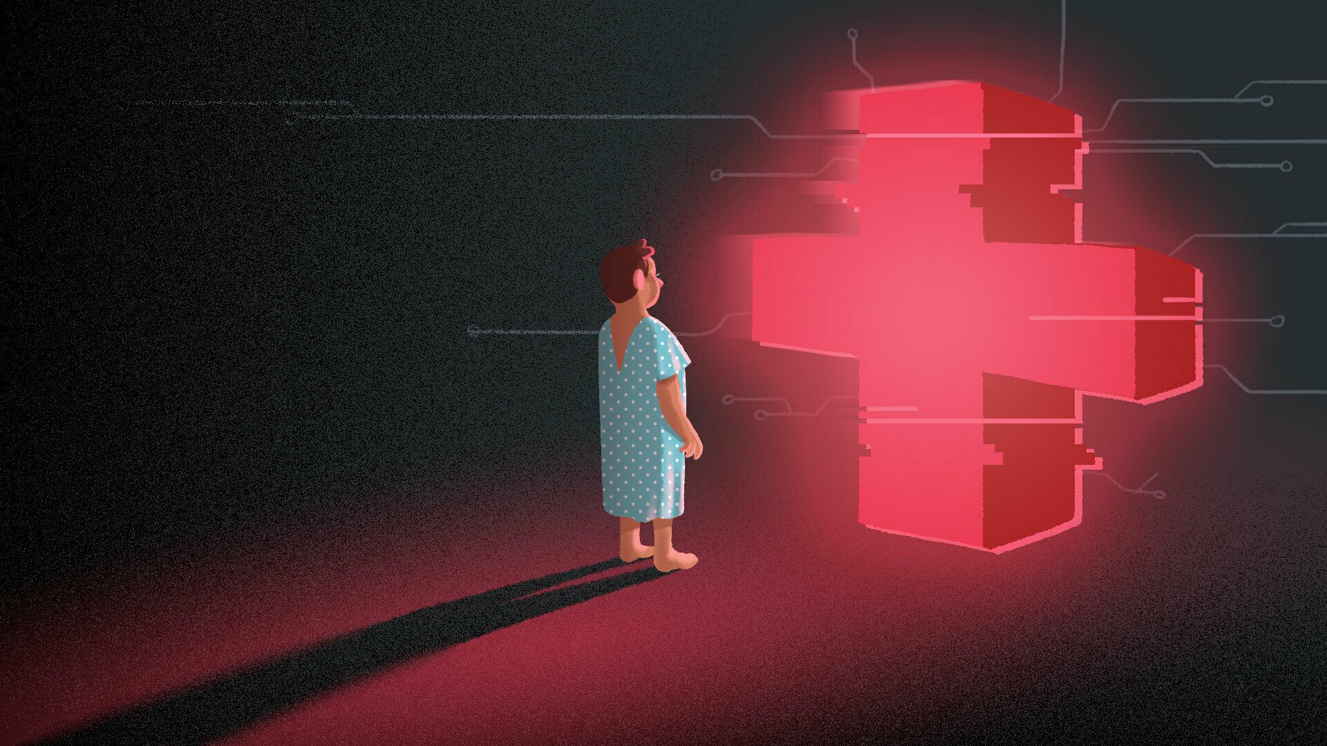 Illustration: A person in a blue hospital gown stands in front of a giant red cross emanating a neon light. The cross is surrounded by a grey digital web.