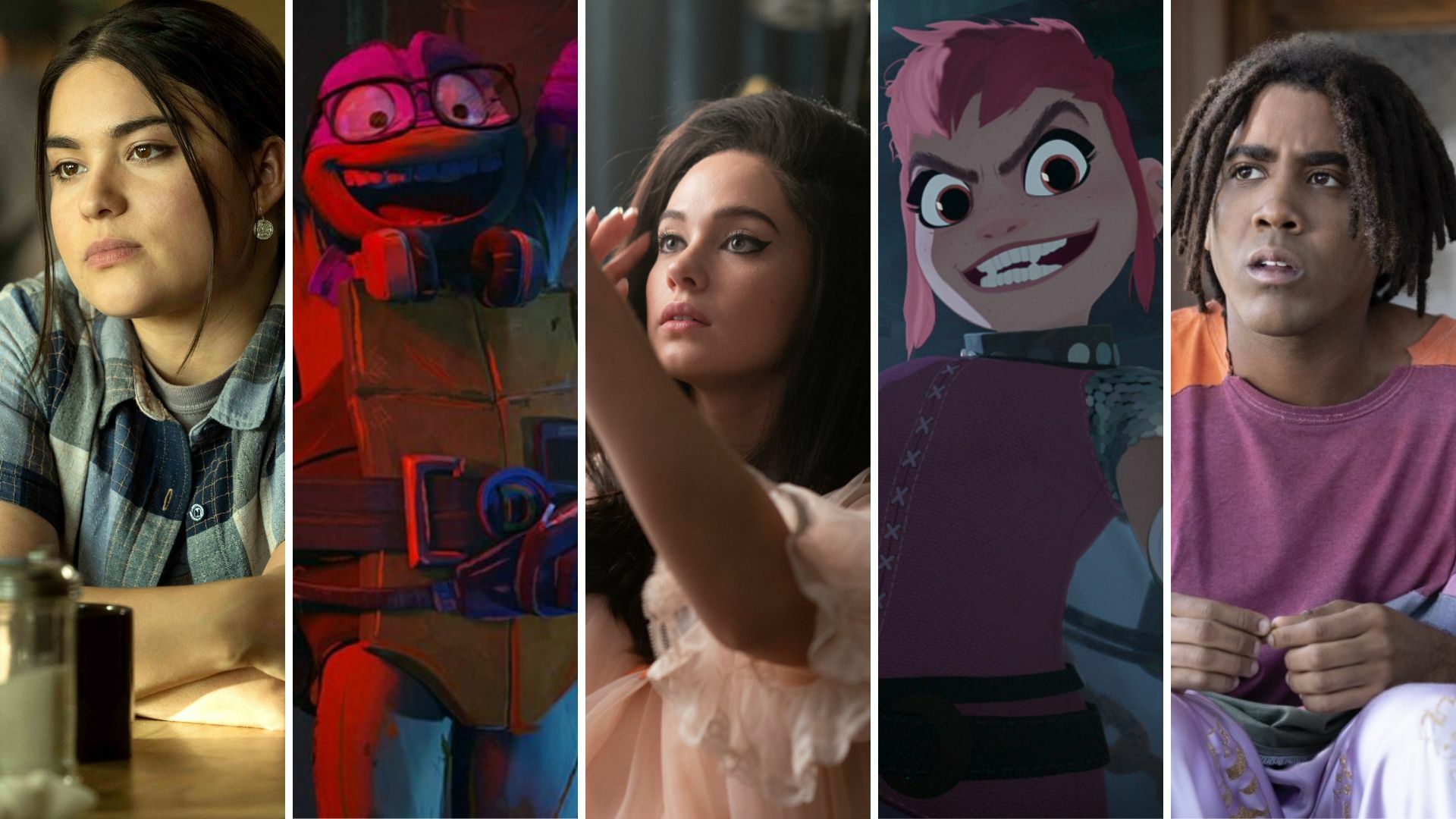 Five images: A young woman in a diner, a Teenage Mutant Ninja Turtle with his arms up in excitement, a young woman applying eyelines, a young woman with pink hair and an evil grin, a giant sitting on the front stoop of his house.