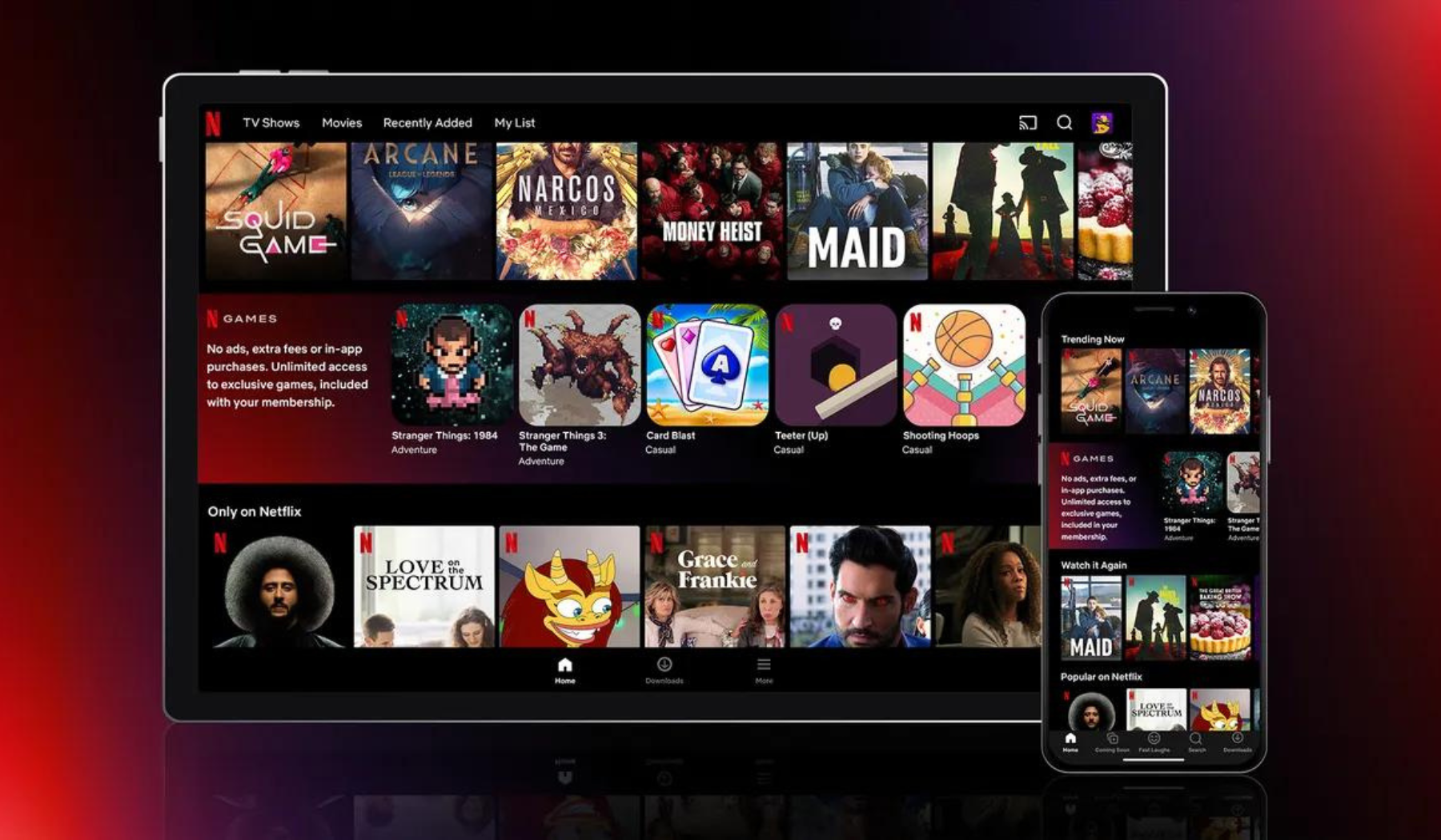 Tablet and smartphone with Netflix movie and TV show icons on screen