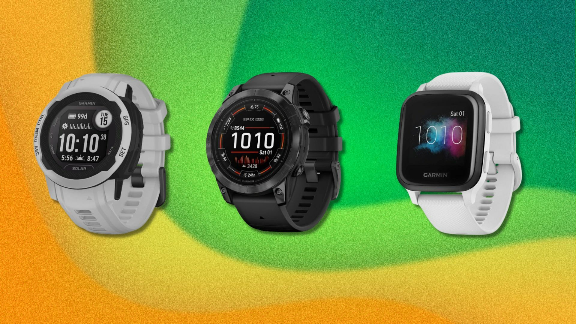 three garmin smartwatches on a wavy yellow and green background