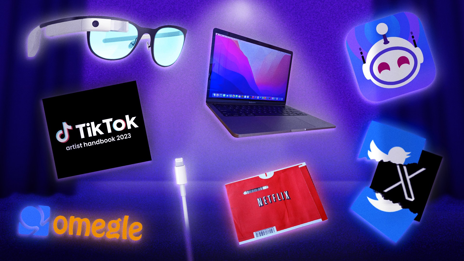 Google Glass, the 13-inch MacBook Pro, the Apollo logo, the Twitter and X logos, a Netflix red DVD envelope, a Lightning cable, the Omegle logo, and the TikTok logo against the backdrop of a purple stage with a spotlight 
