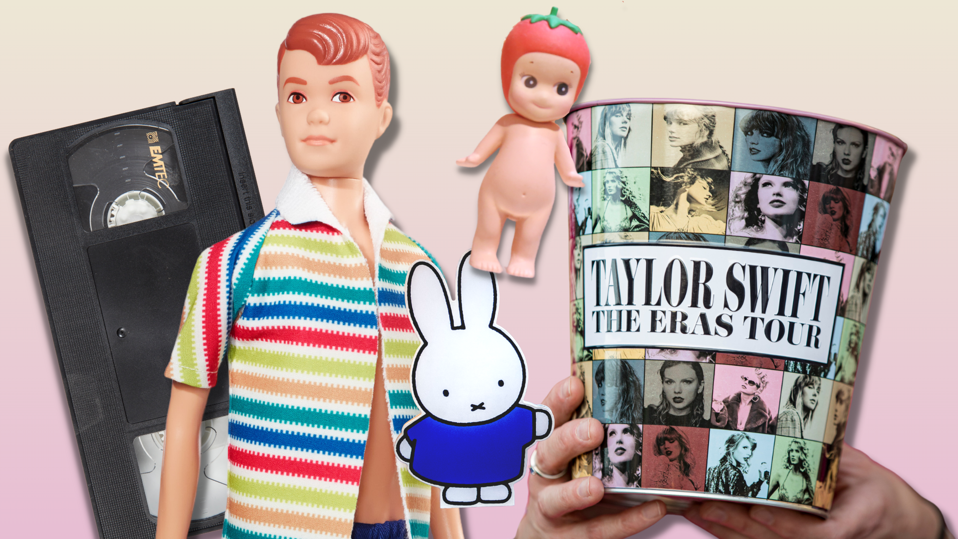 Collage of cutouts of a VHS tape, Allan doll, Miffy in a blue dress, a Sonny Angel, and a Taylor Swift Eras Film popcorn bin.