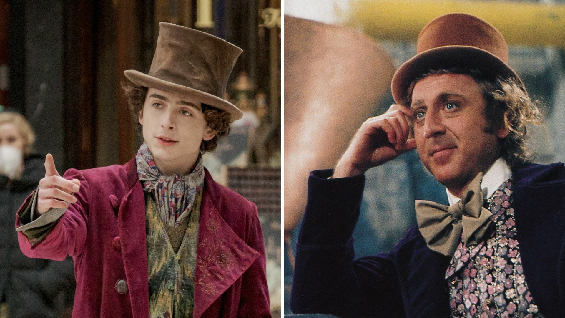 Timothee Chalamet and Gene Wilder as Willy Wonka. 