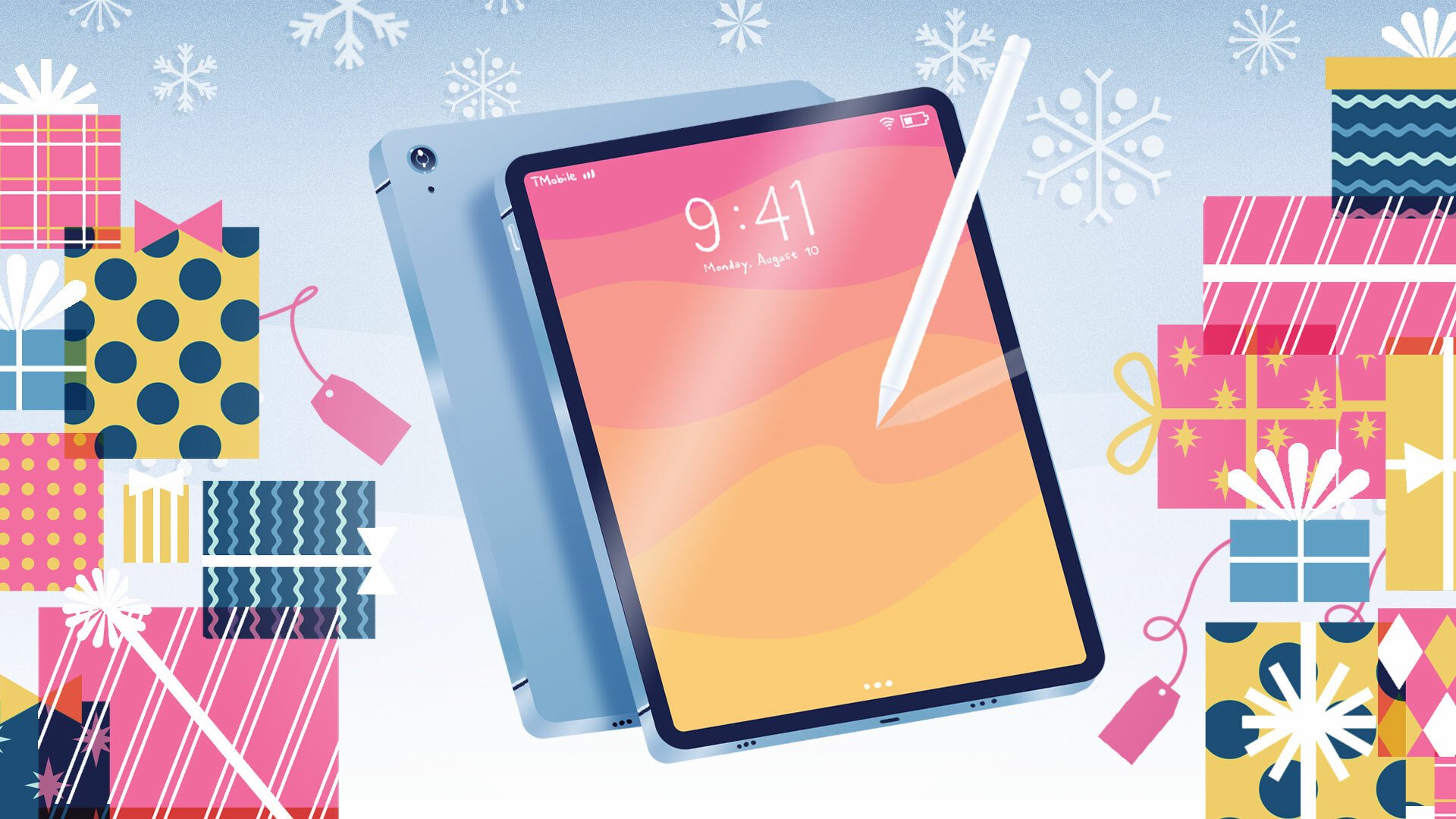 illustrated t-mobile tablet with gifts and snowflakes in background