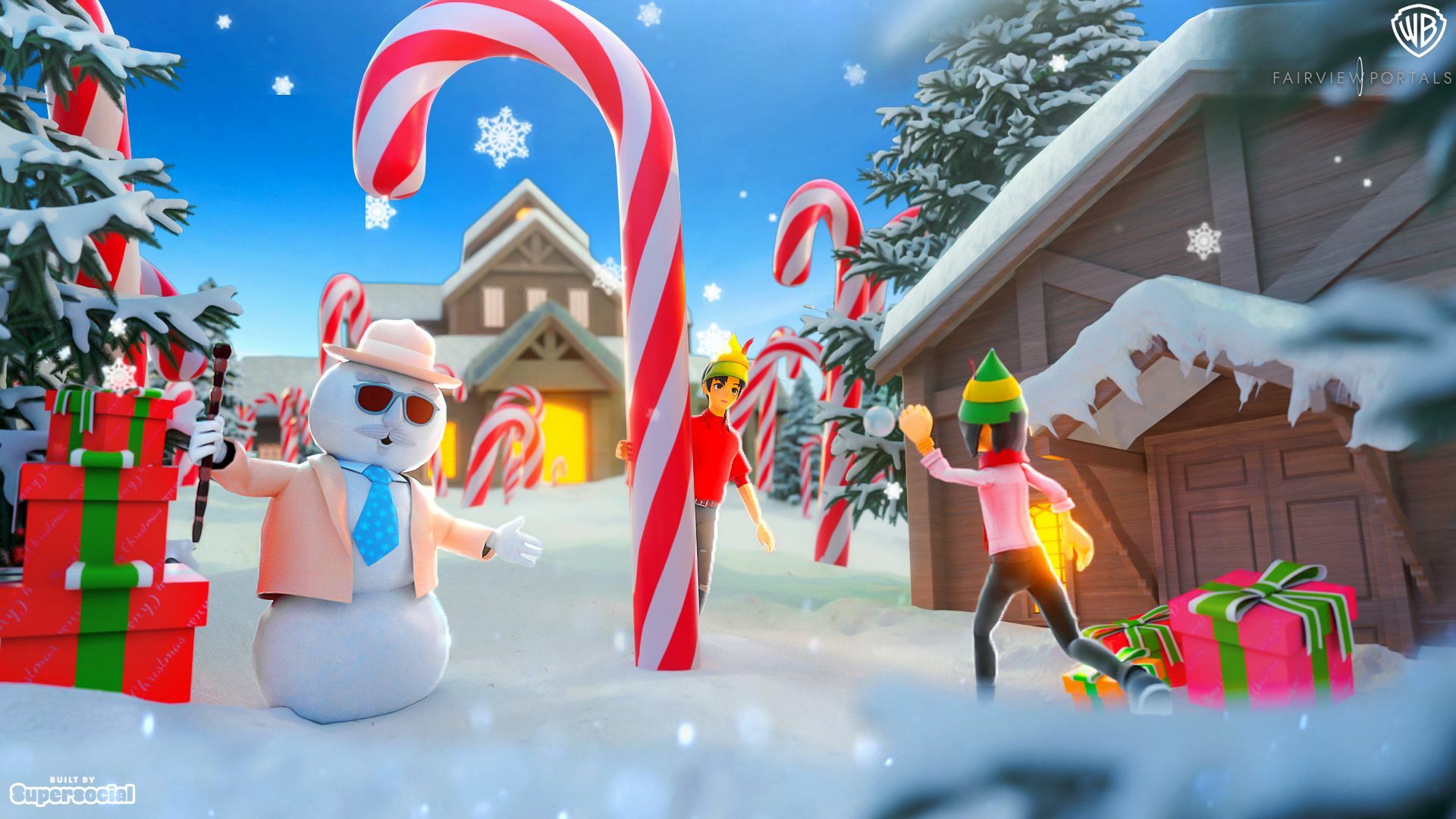 The 'Elf' experience in Roblox, with a digital snowman surrounded by candy canes.